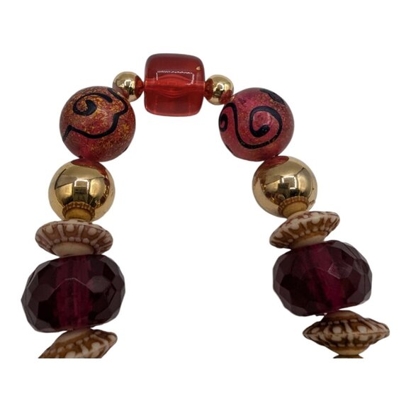 Handcrafted Beaded Necklace With Gold Amber & Red Beads - 16" Long - Picture 8 of 9